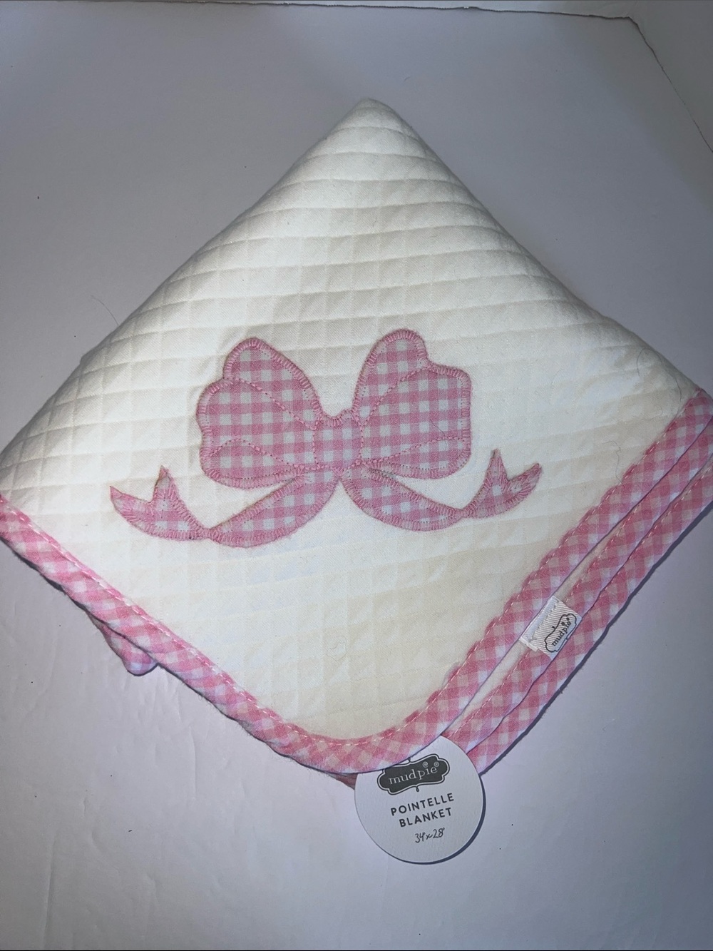 NWT Mud Pie White Baby Blanket with Pink Gingham Bow 34" x 28"